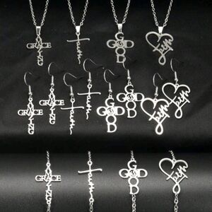 Silver Cross and Script Jewelry Set